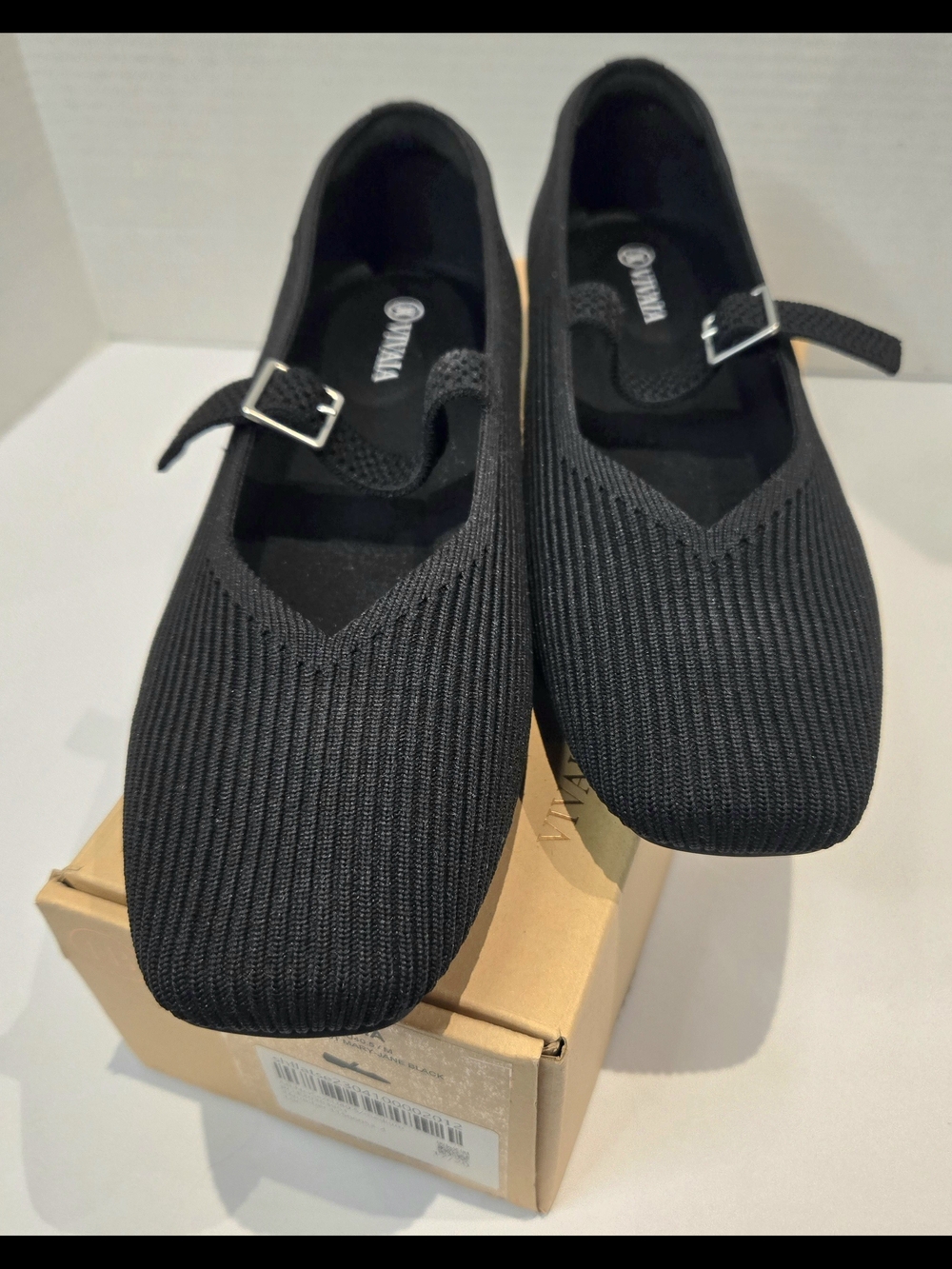 Vivaia Margot Black Knit Mary Jane Flats with Buckle Strap